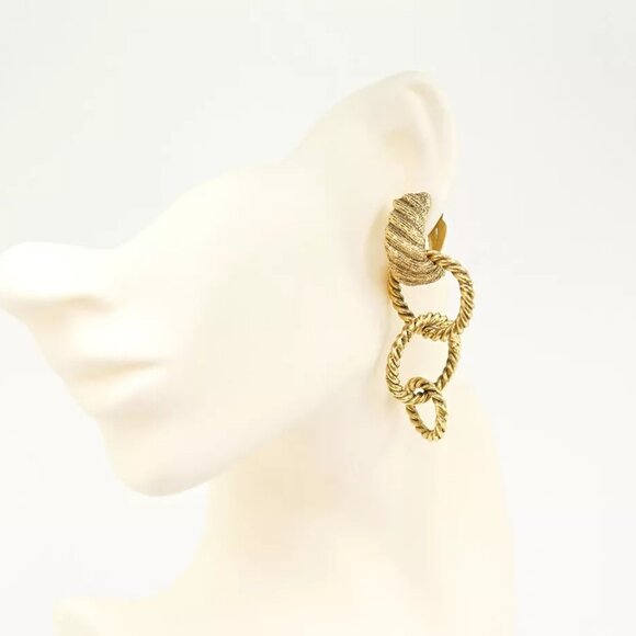 CHANEL Triple Hoop Drop Dangle Earrings Gold Tone 25 Auth w/Box l1043 - Picture 2 of 6